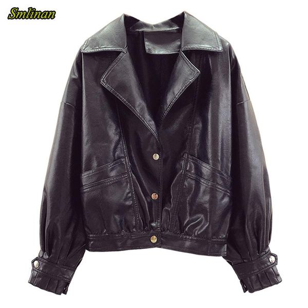 

smlinan women faux leather jacket spring autumn turn-down collar single breasted loose streetwear jackets motorcycle soft coat, Black