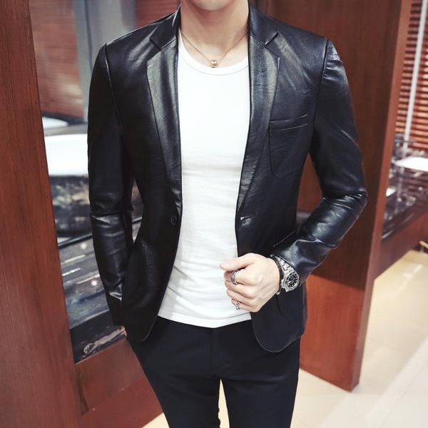 

2021 autumn and winter new men's pixi slim korean leather jacket one button business small suit, Black;brown