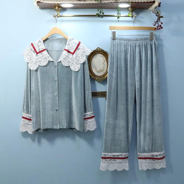

pajamas women's long sleeve lace autumn winter home wear set lace pajamas winter autumn pyjamas set student's homewear, Gray