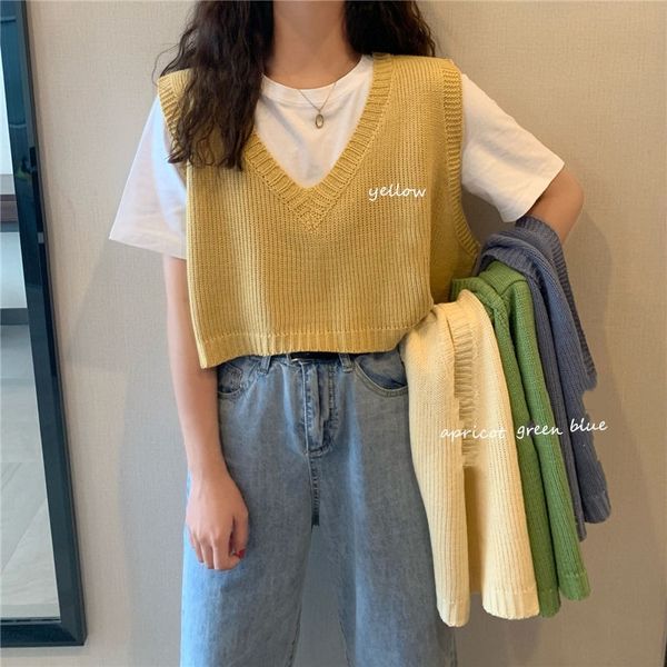 

sweater vest autumn winter all-match basic fashion ladies jumpers lovely candy color v-neck college girls cropped knitwear y201128, Black;white