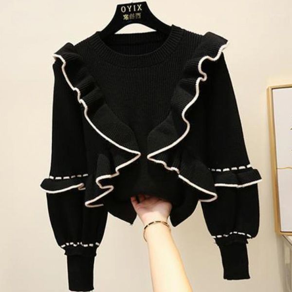 

autumn winter women's korean style the ruffle stitching pullover sweater new lantern sleeve knitted bottoming ll2831, White;black