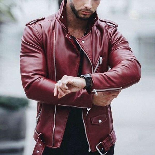 

laamei 2019 plus size leather jackets men autumn long sleeve stand collar jackets winter zipper patchwork faux leather coats1, Black