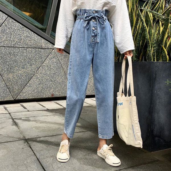 

elastic high waist plus size harem denim pants women spring buttons drawstring mom jeans ladies fashion loose female trousers, Blue