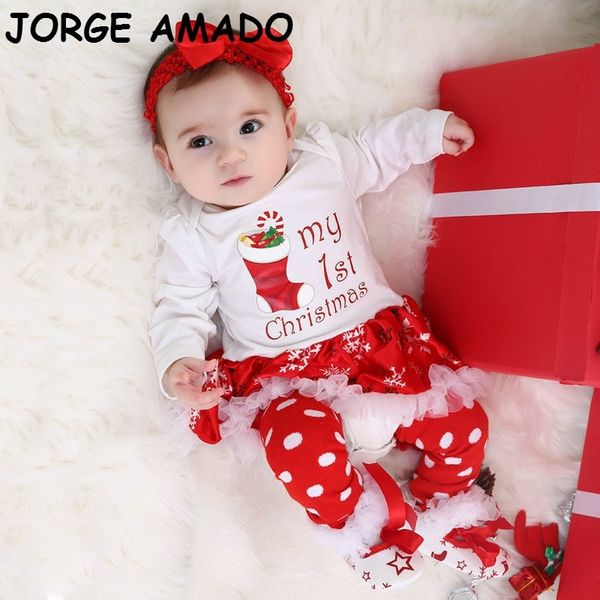 

baby girl christmas dress cotton 1st birthday dress bodysuit+shoes+socks+headband 4pcs sets clothing yk008 y201009, White