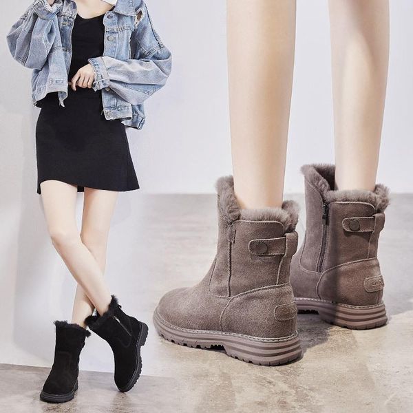 

snow boots кожа женщин 2020 новый зимний стиль с ватки толстые повседневный платформы боковой молнии сапоги женские середины икр, Black