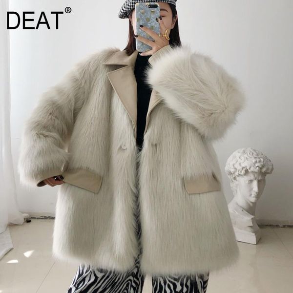 

women's fur & faux [deat] women coat loose elegant fake high street pu leather patchwork full sleeve lapel 2021 autumn fashion tu752, Black