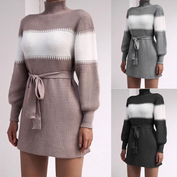 

long-sleeved casual block half-high neck knitted sweater dress women's fall winter warm short dress fashion sweater wear gray, Black;gray
