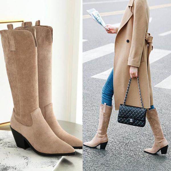 

2020 suede women boots knee high boots wedges western pointed toe high heel long autumn winter cowgirl 20201, Black