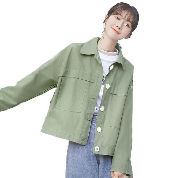 

women's jackets green denim jacket women 2021 spring autumn fashion loose turn-down collar long sleeve short jean casual mujer chaqueta, Black;brown