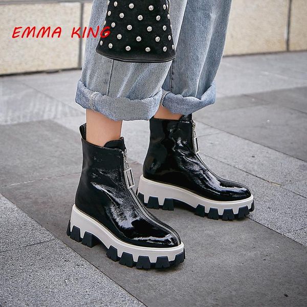 

black women round toe flat heel motorcyle boots 2020 runaway fashion front zip boots patent leather platform shoes woman