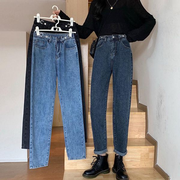 

women's pants & capris plus-down jeans women straight loose high waist thin autumn winter wide-legged harlan tide, Black;white