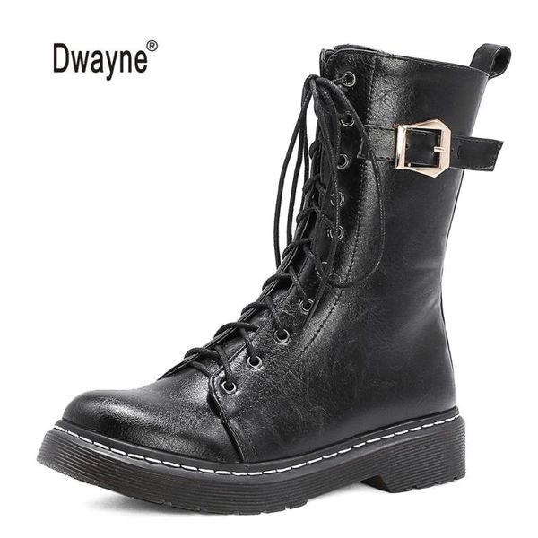 

mid-calf boots women 2020 british wind pu leather platform chunky female winter warm punk goth shoes 34-43, Black
