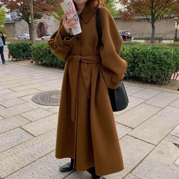 

women's wool & blends 2021 winter coat female elegant woolen coats korean x-long jacket with belt single breasted, Black