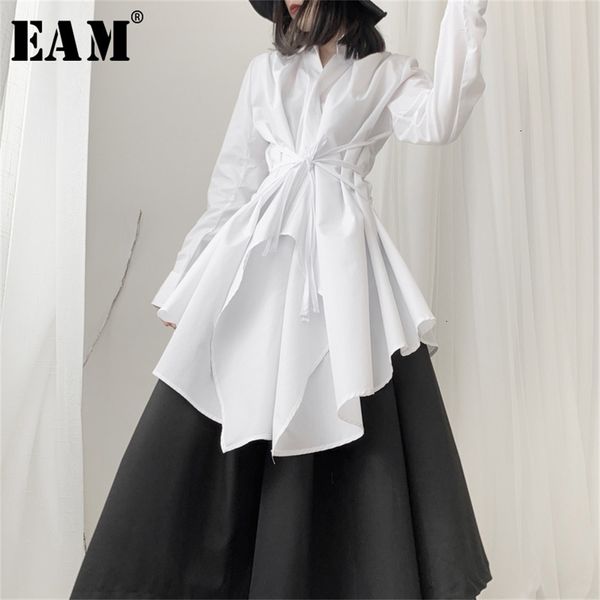 

[eam] women black asymmetrical long blouse new lapel long sleeve loose fit shirt fashion tide spring autumn lj200810, White