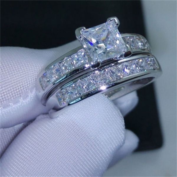 

luxury size 5/6/7/8/9/10 jewelry 10kt white gold filled z princess cut simulated diamond wedding ring set gift with box, Silver