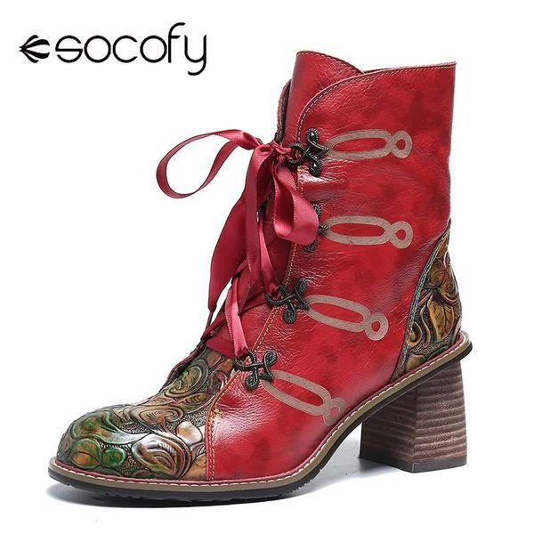 

socofy ретро кожа печатных сапоги rose zipper ленты узелок на высоком каблуке ботильоны женская обувь элегантная обувь женщин 2020, Black