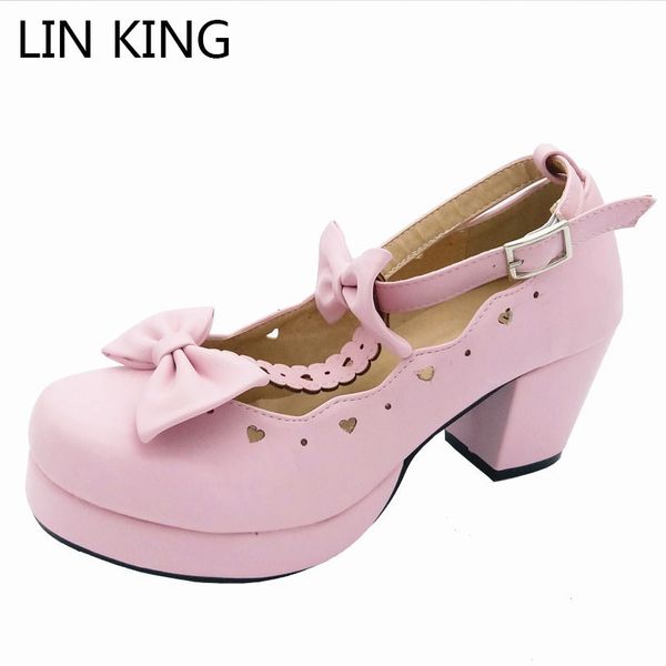 

lin king buckle women party pumps chunky heels ankle straps bowtie shallow mouth platform cosplay maid shoes sweet lolita shoes t200525, Black