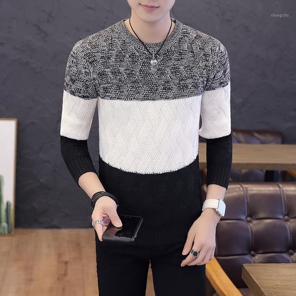 

men's wool o-neck pullover o-neck patchwork slim fit autumn winter warm thick long sleeve clothes knitted cotton casual sweater1, White;black