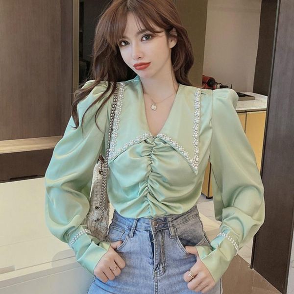 

women's blouses & shirts puff sleeve bead work blouse women pearl lady femme satin mujer korean, White