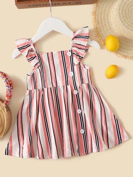

baby striped print button front ruffle trim dress she, Red;yellow