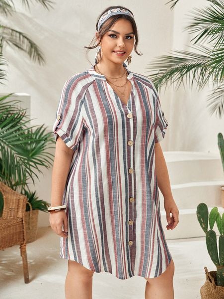 

plus roll tab sleeve striped dress m4ww#, Black
