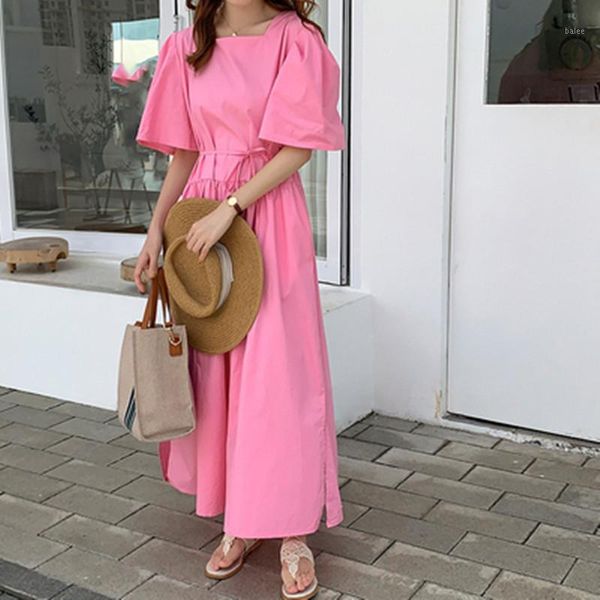 

women square neck loose dress summer fashion back single breasted short sleeve high waist casual long dress1, Black;gray