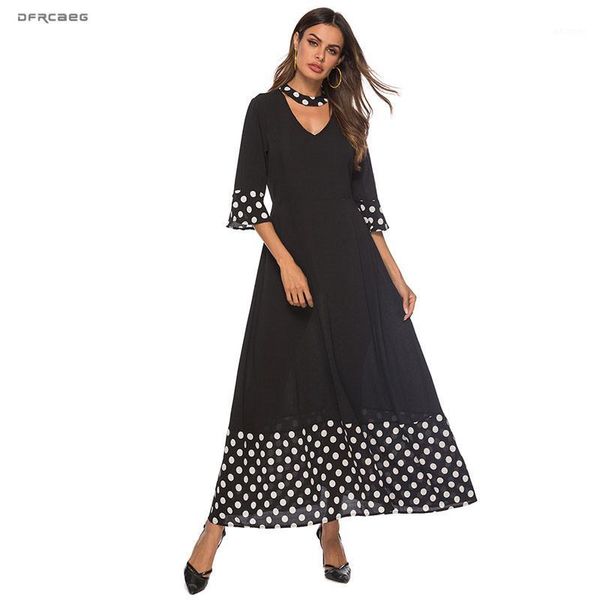

black polka dot print patchwork maxi dresses for woman 2019 summer short sleeve elegant robe femme vintage vestidos longo1, Black;gray