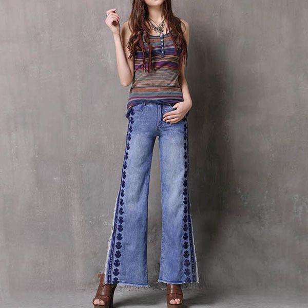 

2021 wide leg vintage long pants for women embroidery trousers s-l denim side slit tassels jeans spring and summer, Blue