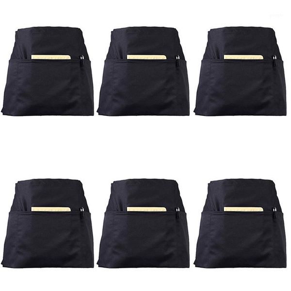 

aprons 6 pack black waist with 3 pockets - half for waitress waiter 24 x 12 inch server holding book gu1