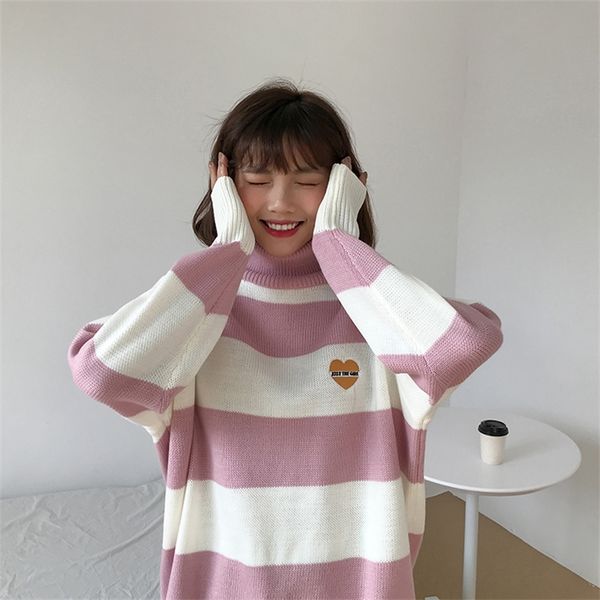 

women striped cartoon love badge turtleneck sweater female vintage harajuku ulzzang knitted women's sweaters lady cute kawaii y200720, White;black