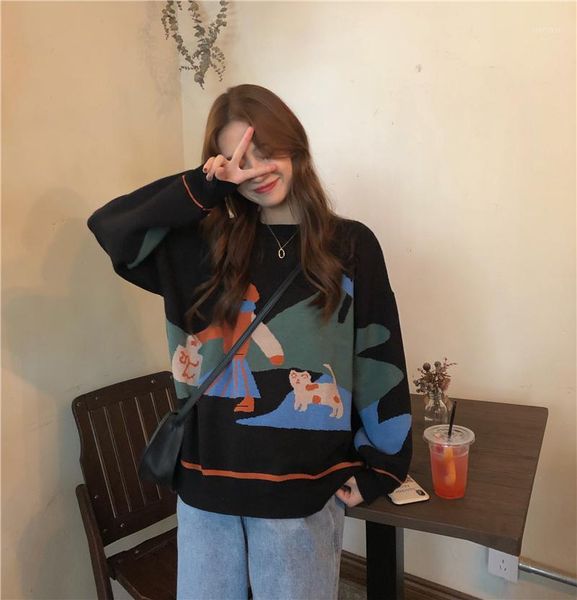 

sweater women's loose outer wear autumn korean knitted vintage long sleeve jacket korean sweater pullover women gd1311, White;black