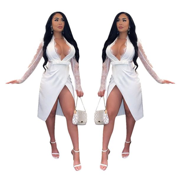 

lace patchwork women dresses fashion solid color long sleeve v neck split dress women party club dress, White