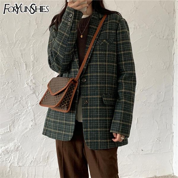 

women winter green plaid woolen jacket coat femme retro notched collar single-breasted pockets loose thickening blazer 2020 new, Black
