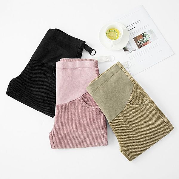

plus size xxl maternity pants for pregnant women adjustable pregnancy comfort high waisted tummy corduroy pants clothes, White