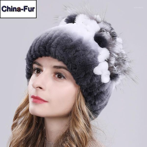 

beanie/skull caps 2021 women real rex fur hats knitted striped flower 100% genuine cap winter warm soft beanies hat1, Blue;gray