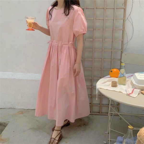 

women summer long pink cotton dress ladies a-line vestidos drawstring bow tie sweet ruffle loose plus size robe femme sukienki, Black;gray