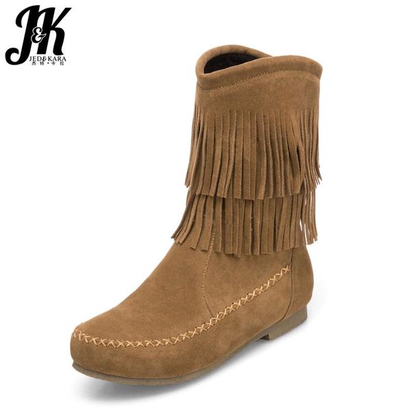 

jk autumn ankle boots women flock bootie square toe flat sole footwear 2021 new tassel casual female shoes super big size 34-50, Black
