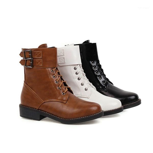 

boots ymechic 2021 autumn lace up buckle combat for women shoes booties white black brown chunky heel biker ankle boots1