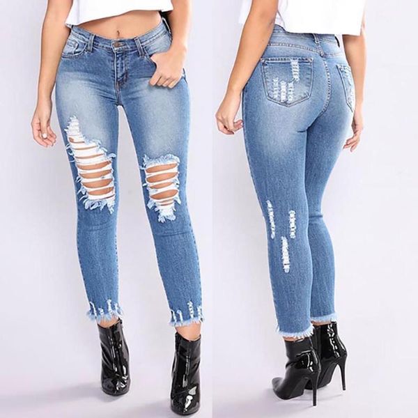 

2020 fashion stretch hole slim high street tassel ripped jeans women's stretch jeans women's low waist slim pencil1, Blue