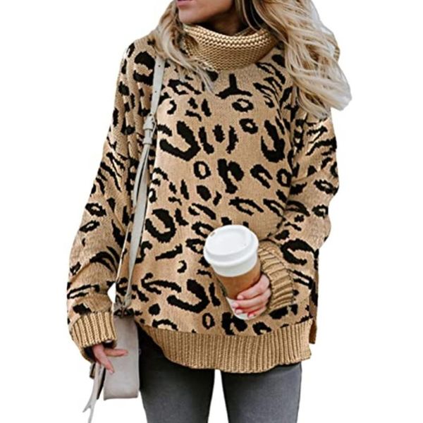 

women long sleeve turtleneck sweater leopard loose chunky knitted jumper, White;black
