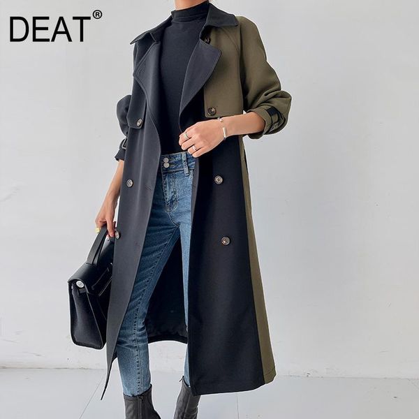 

women's trench coats [deat]2021 autumn winter fashion coat women hit color patchwork high street lapel collar full sleeve thick tide am, Tan;black