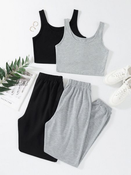 

2pack solid tank & 2pack elastic waist pants r4ss#, White