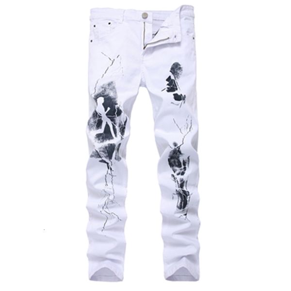 

2021 new fashion stylish cool men's pants with print graffiti painted denim slim fit white jeans male hip hop rock street wear i0ba, Blue