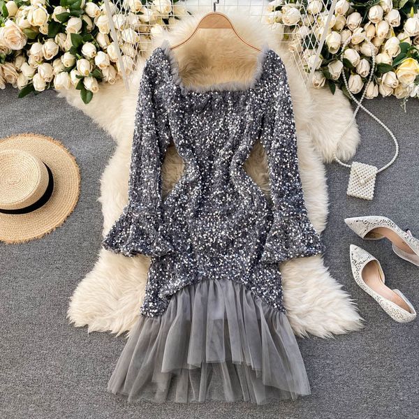

2021 female singiny glowing sequins dressed in square collar enlargement thin the line fancy fashion crochet frilly short party dress zqgl, Black;gray