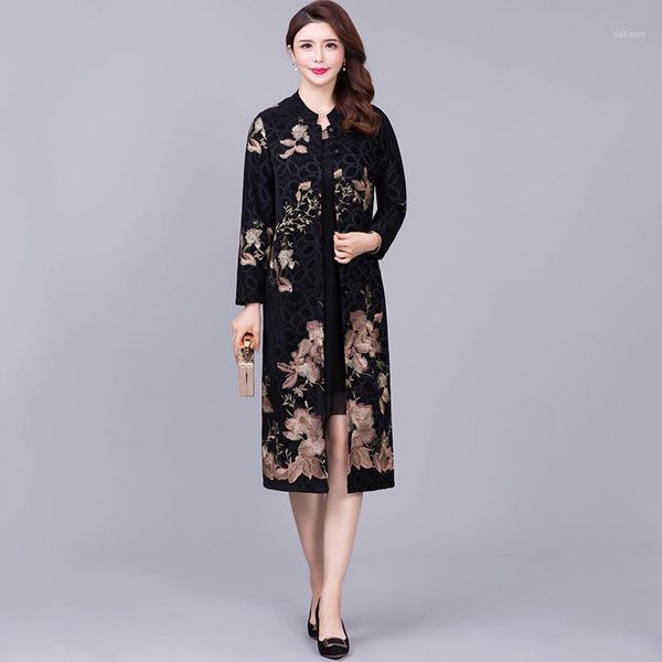 

chinese style windbreaker women's long sleeve spring autumn single breaker ladies coat floral embroidery outerwear female1, Tan;black