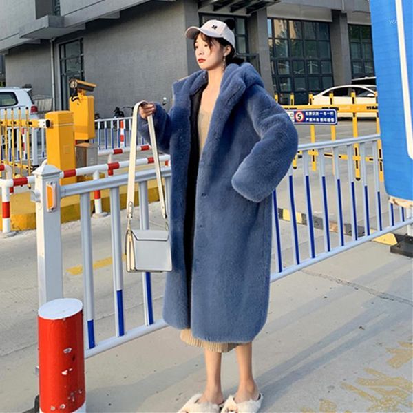 

2021 autumn winter plus size long fur coat women hooded fashion imitate mink velvet jacket loose thick warm ladies overcoat h8681, Black