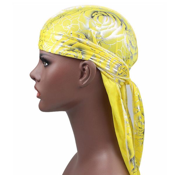 

silky durags тюрбан женщины мужчины rose напечатанное silk бандана cap длинный хвост headwrap моды блестящий rose аксессуары для волос bonne, Black