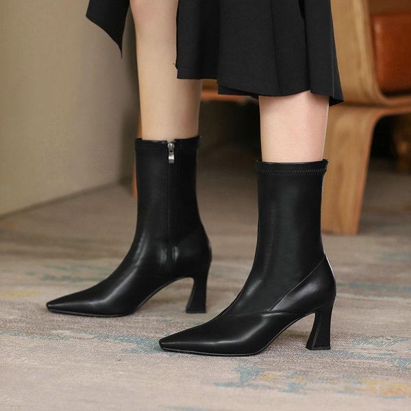 

2021 new pointed toe all match women boots autumn winter shoes woman thin high heel zipper ankle boots big size 34-43, Black