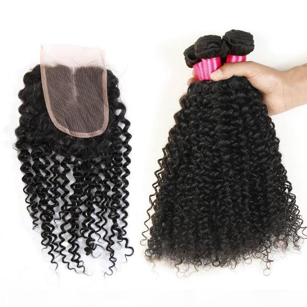 

7a remy afro kinky curly virgin hair lace closure or middle part with 3 bundles brazilian kinky curly human hair huaman hair extensions, Black