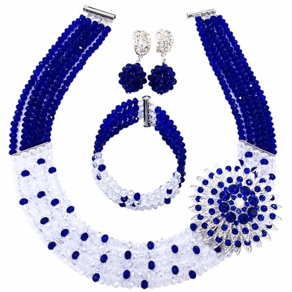 

amazing royal blue transparent crystal beaded nigerian wedding african beads jewelry set for women girls 5l-zj009 201222, Slivery;crystal